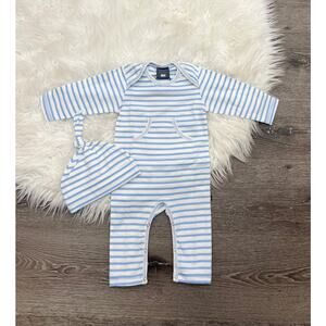Toobydoo White & Light Blue Slim Leg Jumpsuit With Hat B10427 6/12month